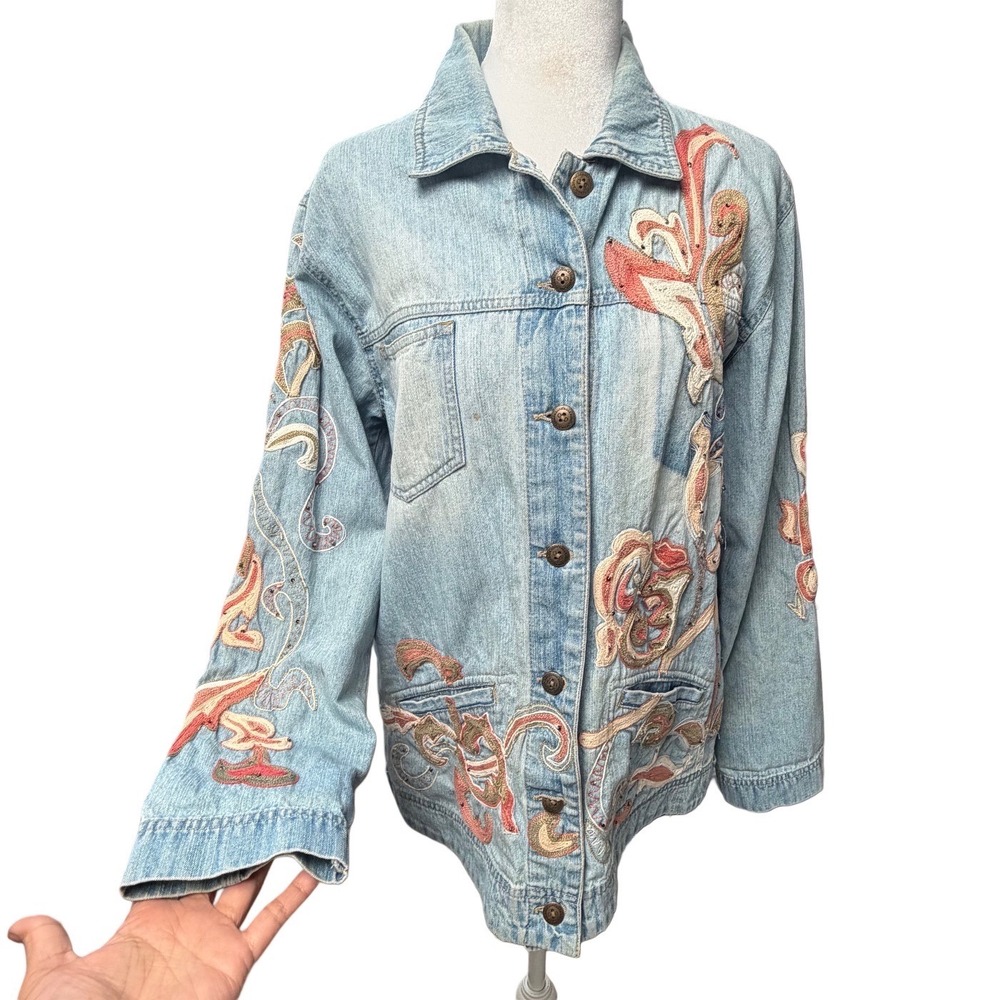 Y2K Chicos Embroidered Cotton Denim Medium Women Jacket Boho Artsy Festival - Picture 5 of 12